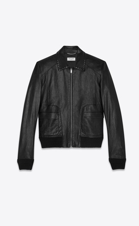 SAINT LAURENT Leather jacket Man Jacket with rounded pockets and studded collar in shiny black leather a_V4